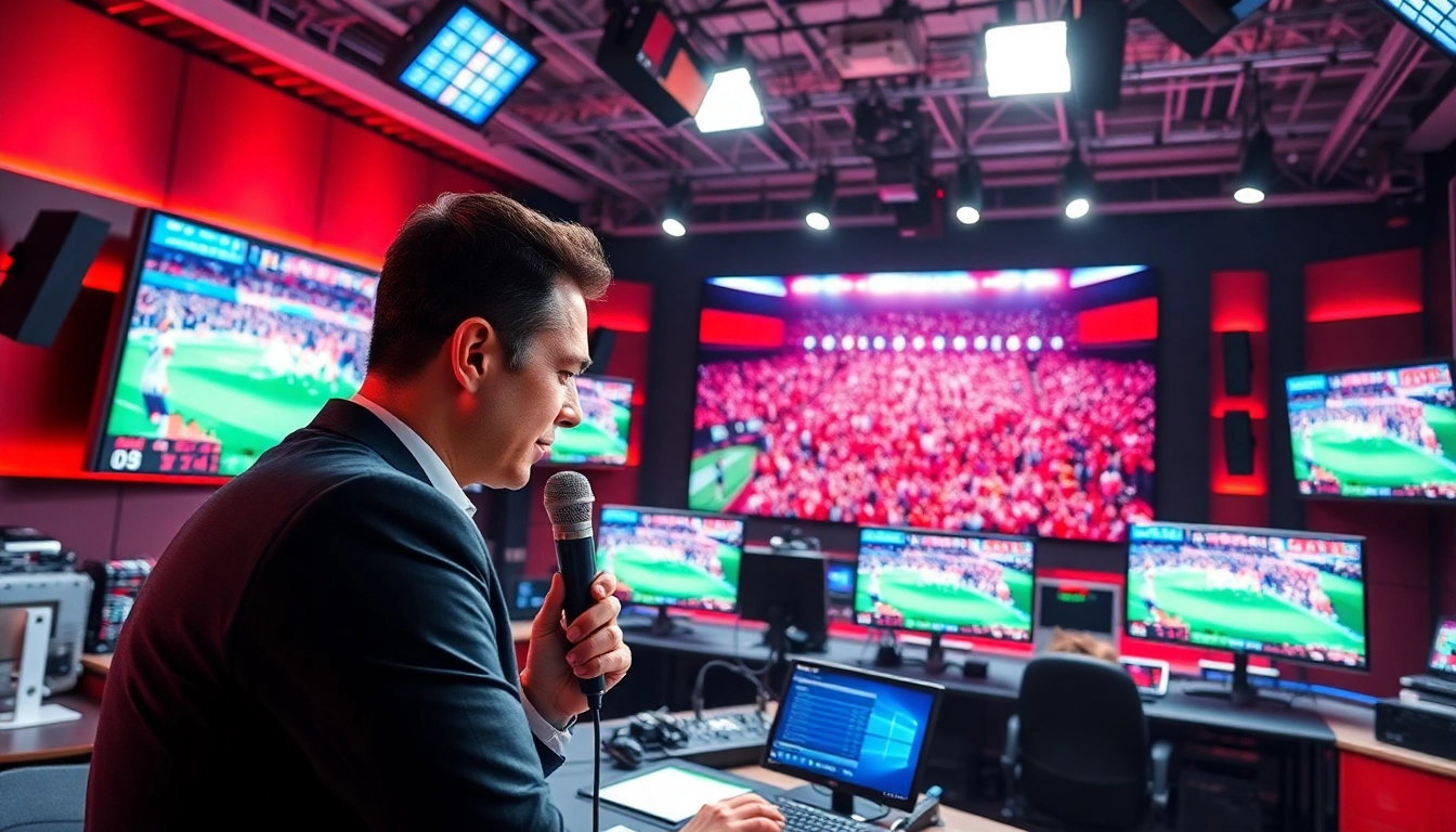 Engaging sports broadcasting studio with dynamic visuals and a passionate host discussing live events.
