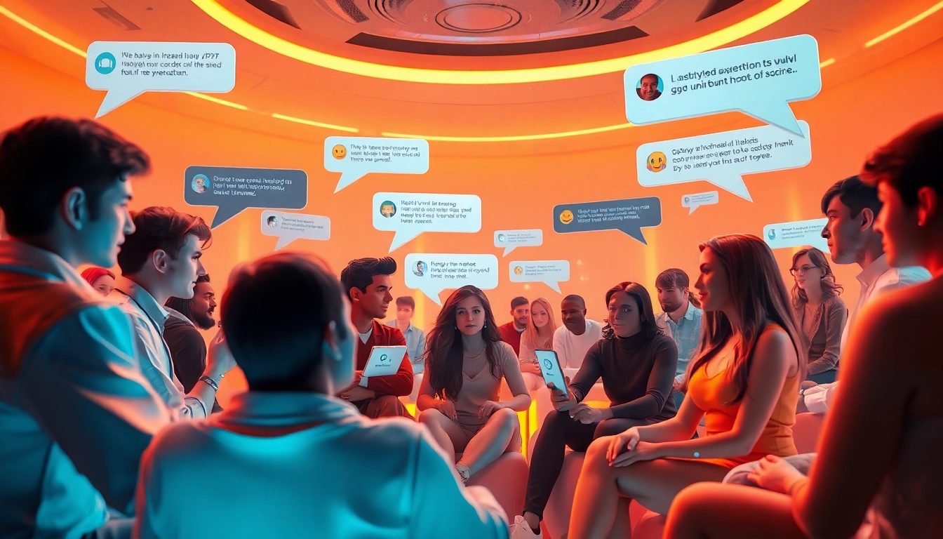 Diverse characters interacting in a cozy chat room with an NSFW chat bot, showcasing engaging and playful conversations.