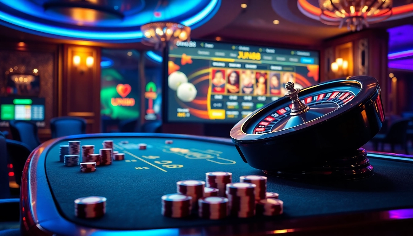 Exciting gameplay scene on trang chủ jun88 showcasing casino tables and vibrant betting elements.