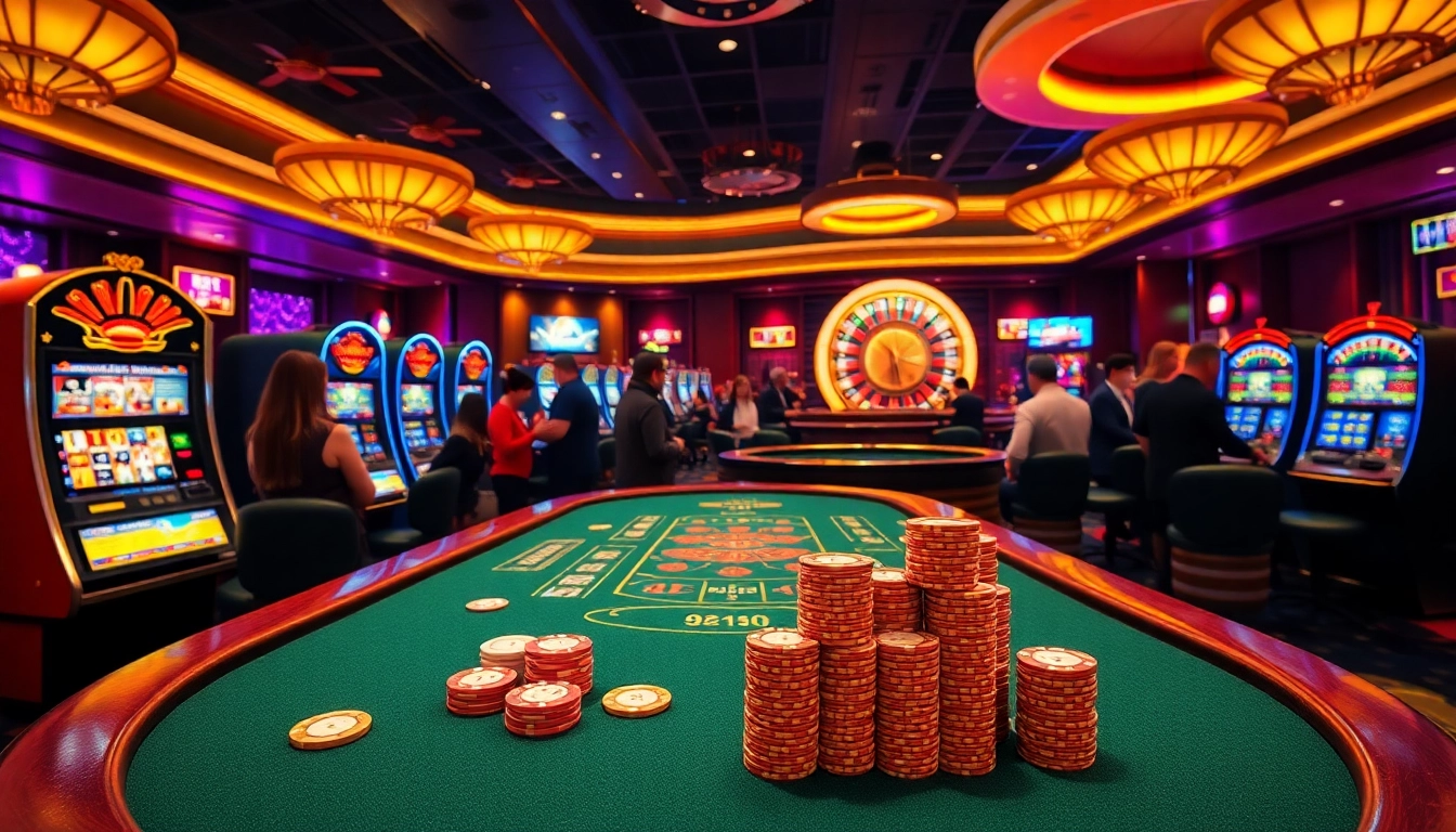 Engage with kp88.com at a luxurious casino scene featuring vibrant slot machines and excited players.