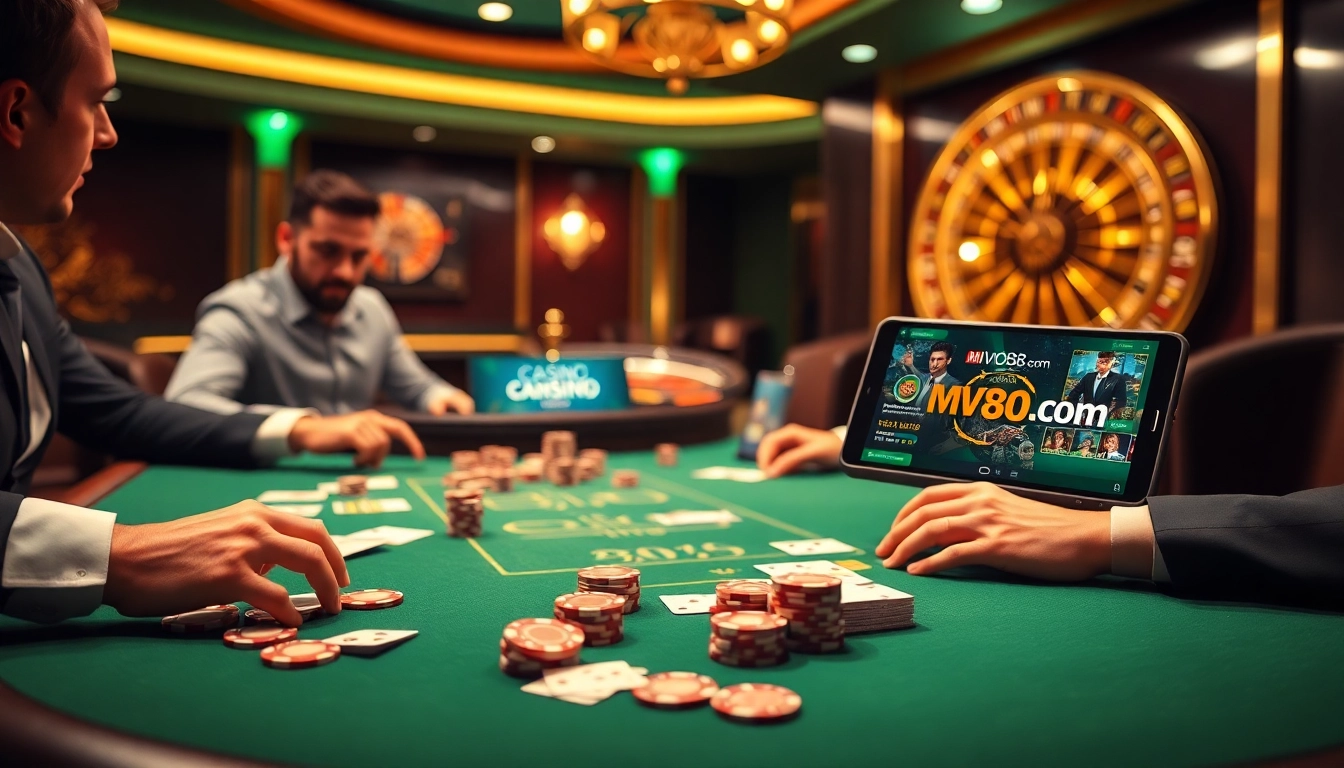 Exciting gameplay at MV88 com, featuring poker chips and cards in a lively casino atmosphere.