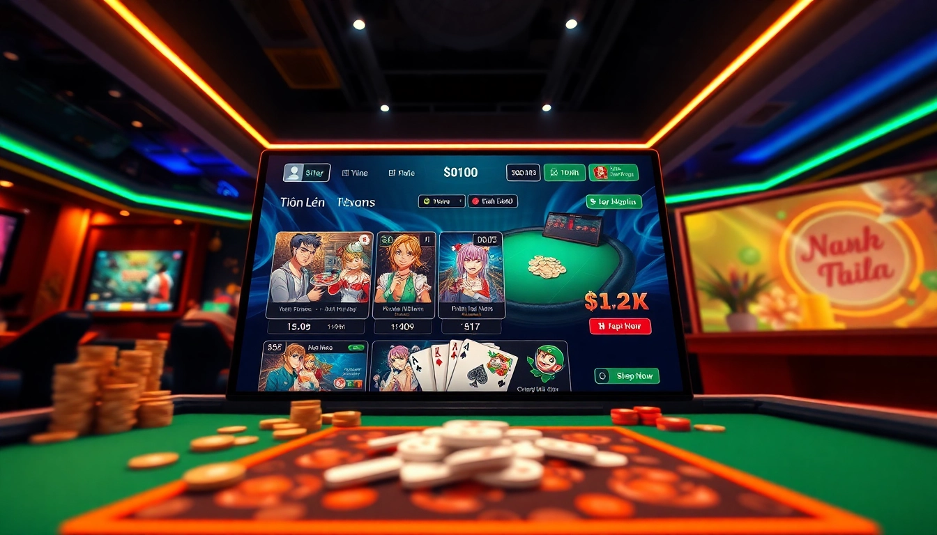 An immersive view of the topgamebaidoithuong.mx online gaming platform, featuring card games and real cash rewards in a vibrant digital environment.
