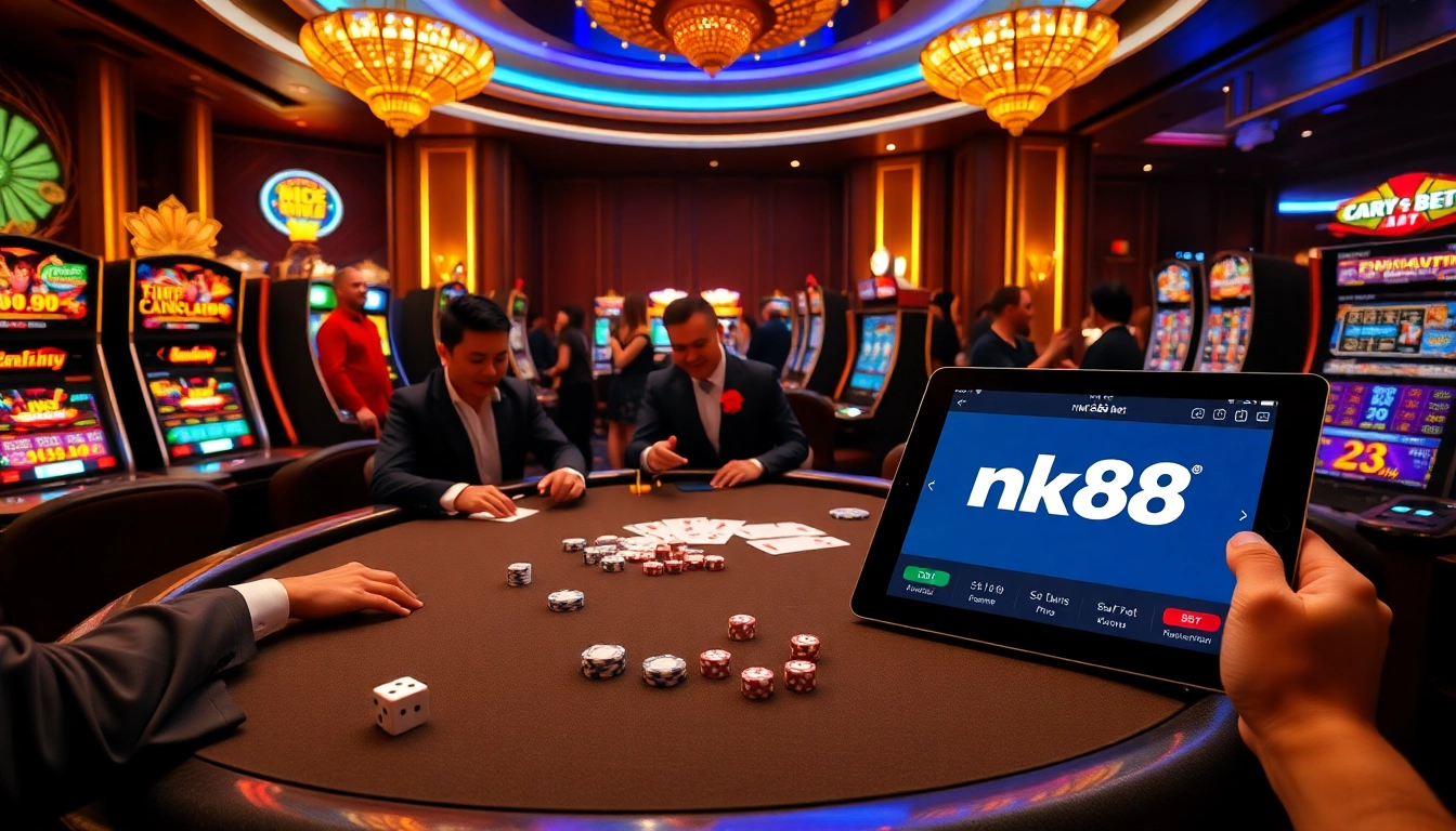 Players engaged with the nk88 bet poker table, immersed in a glamorous casino atmosphere.